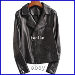 Women's Lapel Collar Real Leather Zipper Motorcycle Short Coat Jacket Spring 3XL
