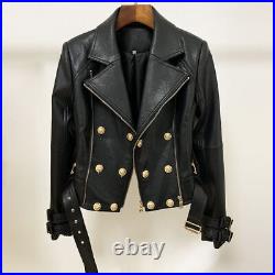 Women's Leather Biker Jacket Golden Button Blazer Coat Short Moto Jacket NFS-209