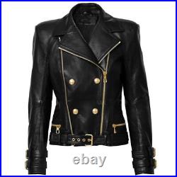 Women's Leather Biker Jacket Golden Button Blazer Coat Short Moto Jacket NFS-209