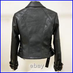 Women's Leather Biker Jacket Golden Button Blazer Coat Short Moto Jacket NFS-209