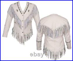 Women's Native American Western Suede Leather white Jacket & Fringe Beaded Work