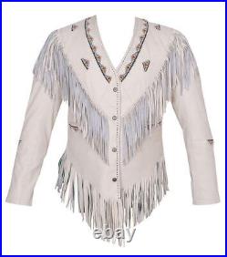 Women's Native American Western Suede Leather white Jacket & Fringe Beaded Work