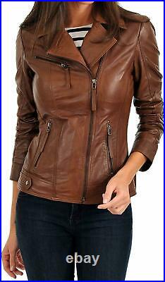 Women's Real Authentic Lambskin Biker Leather Jacket Brown Western Out Wear Coat