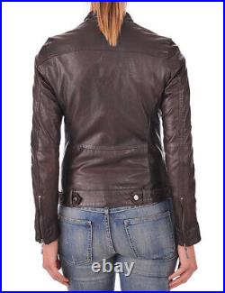 Women's Real Authentic Lambskin Biker Leather Jacket Brown Western Out Wear Coat