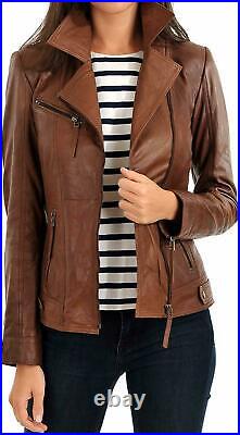 Women's Real Authentic Lambskin Biker Leather Jacket Brown Western Out Wear Coat