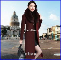 Women's Real Fox Fur Collar Woolen Blend Mid Long Trench Coat Overcoat Plus size
