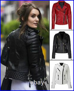 Women's Real Lambskin Leather Jacket Black Slim Fit Biker Motorcycle Jacket Coat