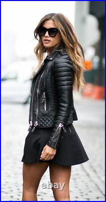Women's Real Lambskin Leather Jacket Black Slim Fit Biker Motorcycle Jacket Coat