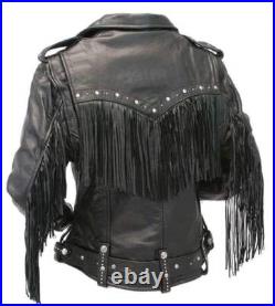 Women's Real Leather Fringe Jacket-Western Style Native American Fashion Black Women's Real Leather Fringe Jacket-Western Style Native American Fashion Black