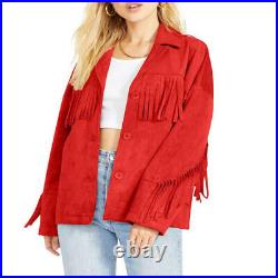 Women's Red Suede Soft Leather Jacket Western Style Fashion Fringed Jacket Coat