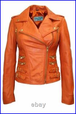 Women's SEXY Biker Real Lambskin Western Studded Leather Jacket Orange Designer