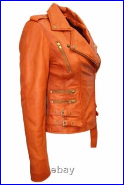 Women's SEXY Biker Real Lambskin Western Studded Leather Jacket Orange Designer