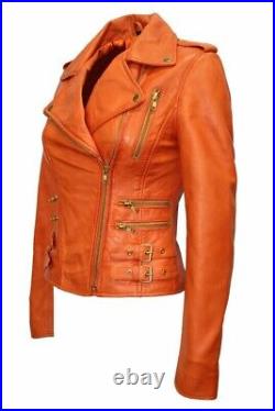 Women's SEXY Biker Real Lambskin Western Studded Leather Jacket Orange Designer