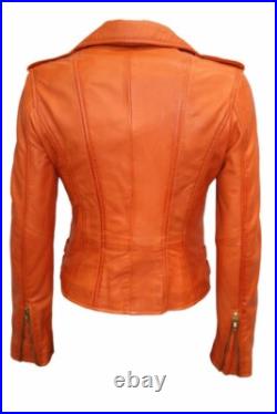 Women's SEXY Biker Real Lambskin Western Studded Leather Jacket Orange Designer