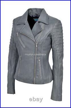 Women's Soft Grey Slim Fit Genuine Sheepskin 100% Leather Jacket Motorcycle Coat