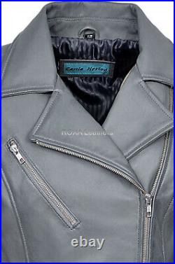 Women's Soft Grey Slim Fit Genuine Sheepskin 100% Leather Jacket Motorcycle Coat