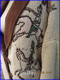 Women's Vintage Pioneer Wear Woven Cotton Western Leather Fringe Coat L
