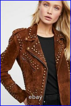 Women's Western Style Genuine Suede Leather Jacket Fashion Studded Vintage Coat