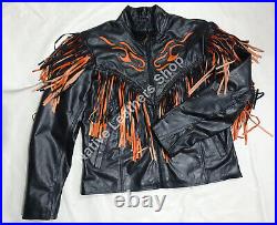 Women's Western Wear Flames Cowhide Leather Fringe Biker Jacket J262