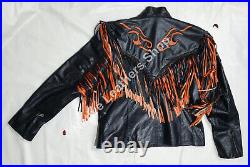 Women's Western Wear Flames Cowhide Leather Fringe Biker Jacket J262