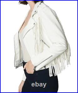 Women's White Lambskin Fringes Jacket Genuine Leather Western Style Cowgirl Coat