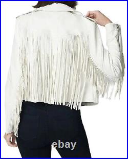 Women's White Lambskin Fringes Jacket Genuine Leather Western Style Cowgirl Coat