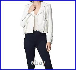 Women's White Lambskin Fringes Jacket Genuine Leather Western Style Cowgirl Coat