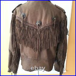 Women's brown Leather Conchos fringe Cropped Moto Coat jacket Large Western