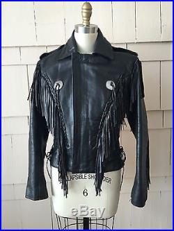 Women's vintage leather western fringe motorcycle jacket (black) size 36
