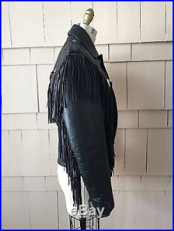 Women's vintage leather western fringe motorcycle jacket (black) size 36