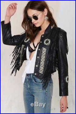 Womens 80's Style Leather Black Western Wear Cowboy Fringe Bead Jacket