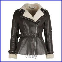 Womens Aviator RAF B3 Fur Bomber Flying Leather Jacket Real Sheep Skin Jacket