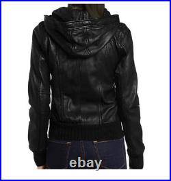 Womens Bomber Slim Fit Black Hooded Jacket Real Leather Biker Jacket Winter Coat