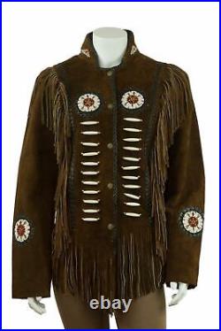 Womens Brown Western Wear Coat Ladies Native Beads Fringes Suede Leather Jacket