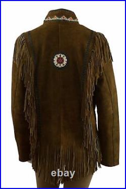 Womens Brown Western Wear Coat Ladies Native Beads Fringes Suede Leather Jacket