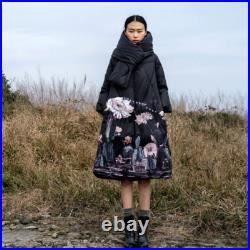 Womens Cloak Duck Down Jacket Hood Loose Fit Long Over Knee Coat Floral Print sz Womens Cloak Duck Down Jacket Hood Loose Fit Long Over Knee Coat Floral Print sz