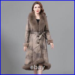 Womens Coat Winter Thick Faux Fox Fur Collar Leather Coat Rabbit Fur Long Jacket