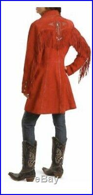 Womens Cow-Lady Red Suede Leather Long Coat Ladies Fringe Western Wear Jacket