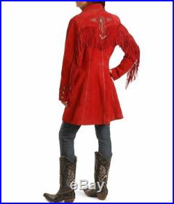 Womens Cow-Lady Red Suede Leather Long Coat Ladies Fringe Western Wear Jacket