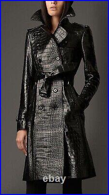 Womens Crocodile Pattern Trench Coat Fashion Long Length Waist Belt Coat Womens Crocodile Pattern Trench Coat Fashion Long Length Waist Belt Coat