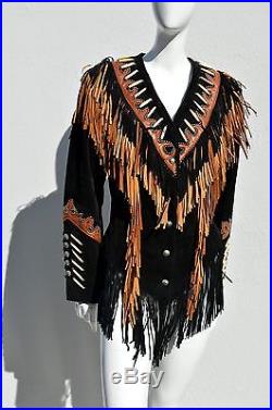 Womens Diamond Leathers Fringe Western Stud Beaded Jacket Black Sz 10 used