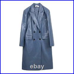 Womens Faux Leather Mid Long Trench Coat Double Breasted Windbreaker Oversize sz