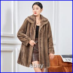 Womens Hooded Real Mink Fur Mid Long Coat Jacket Lapel Collar Overcoat Plus size