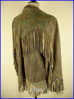 Womens L Double D DD Ranch leather jacket fringe studded western turquoise brown