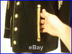 Womens L Vtg black suede leather beaded fringe western jacket cavalry military