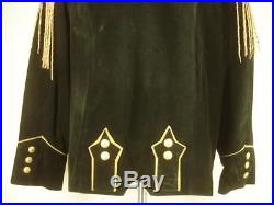 Womens L Vtg black suede leather beaded fringe western jacket cavalry military