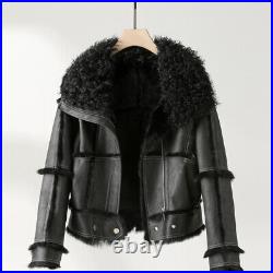 Womens Lamb Fur Collar Real Rabbit Fur Lined Motorcycle Winter Jacket Short Coat
