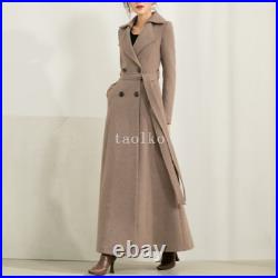 Womens Lapel Collar Double Breasted Wool Blend Long Trench Coat Overcoat Outwear