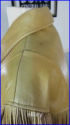 Womens Leather Fringed Yellow Leather Motorcycle Jacket Western Coat M Medium