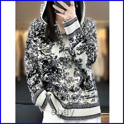 Womens Long Sleeve Knit Floral Knitwear Cardigan Hooded Zipper Short Coat Jacket